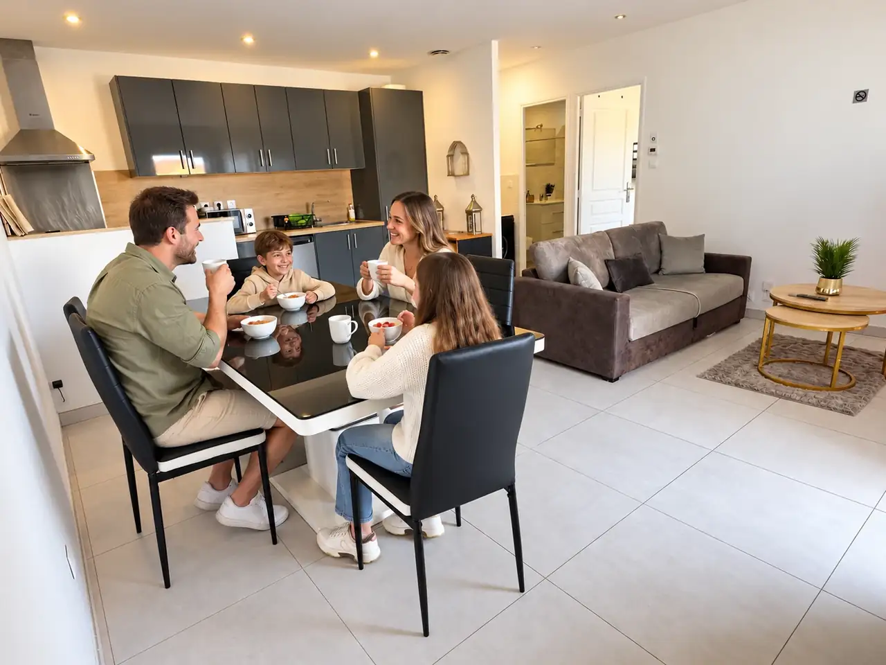 Famille réunie autour de la table dans la pièce de vie de l’appartement